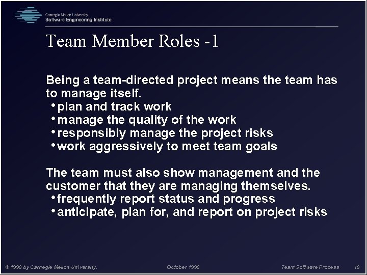Team Member Roles -1 Being a team-directed project means the team has to manage
