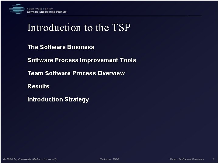 Introduction to the TSP The Software Business Software Process Improvement Tools Team Software Process