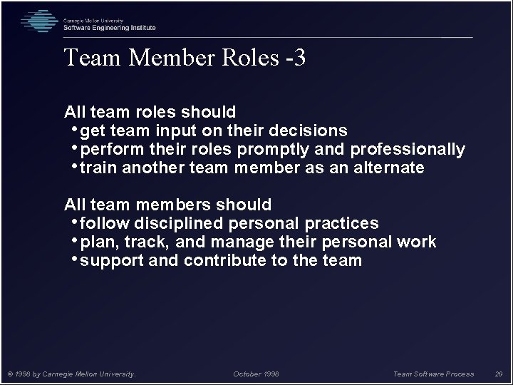 Team Member Roles -3 All team roles should • get team input on their