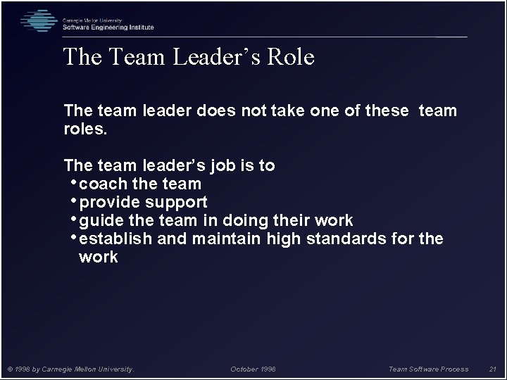 The Team Leader’s Role The team leader does not take one of these team