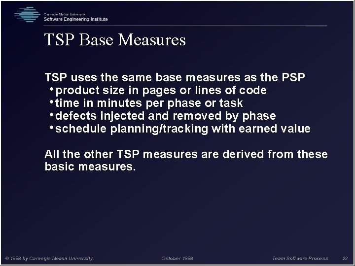 TSP Base Measures TSP uses the same base measures as the PSP • product