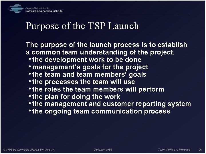 Purpose of the TSP Launch The purpose of the launch process is to establish