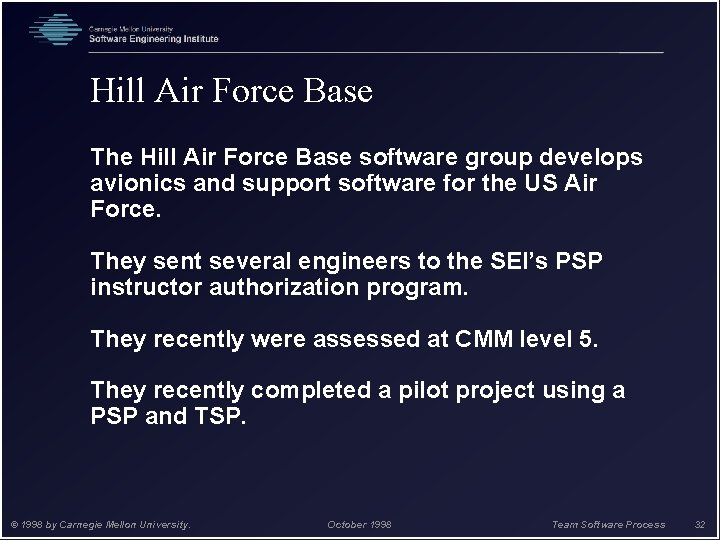 Hill Air Force Base The Hill Air Force Base software group develops avionics and
