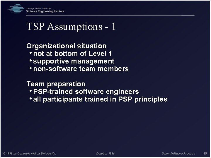 TSP Assumptions - 1 Organizational situation • not at bottom of Level 1 •