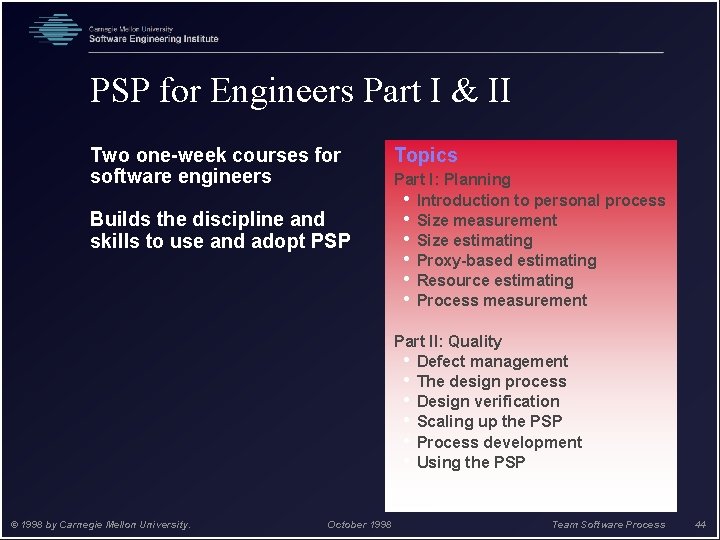 PSP for Engineers Part I & II Two one-week courses for software engineers Builds