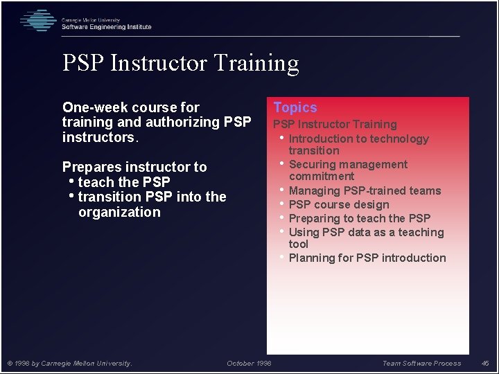 PSP Instructor Training One-week course for training and authorizing PSP instructors. Prepares instructor to
