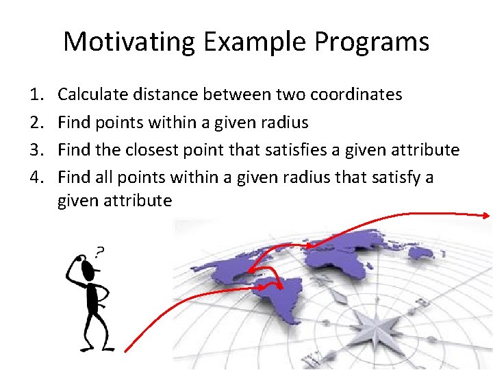 Motivating Example Programs 1. 2. 3. 4. Calculate distance between two coordinates Find points Motivating Example Programs 1. 2. 3. 4. Calculate distance between two coordinates Find points
