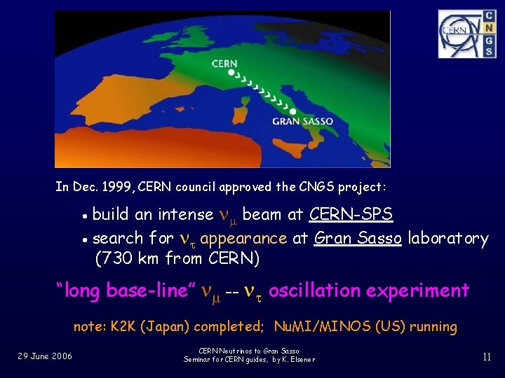 In Dec. 1999, CERN council approved the CNGS project: an intense nm beam at