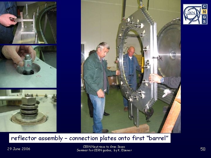 reflector assembly – connection plates onto first “barrel” 29 June 2006 CERN Neutrinos to