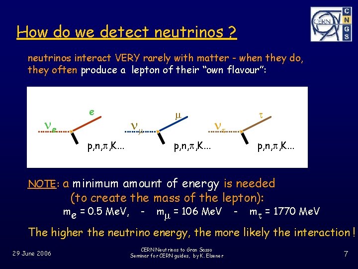 How do we detect neutrinos ? neutrinos interact VERY rarely with matter - when