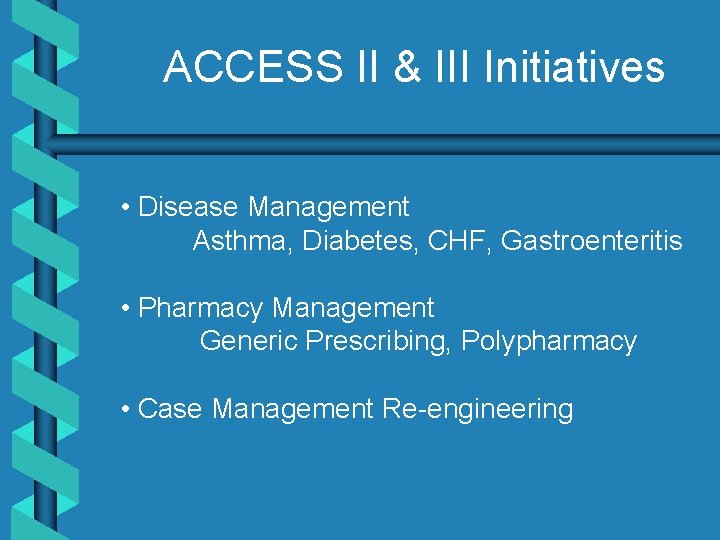 ACCESS II & III Initiatives • Disease Management Asthma, Diabetes, CHF, Gastroenteritis • Pharmacy