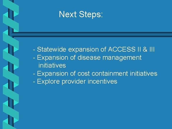 Next Steps: - Statewide expansion of ACCESS II & III - Expansion of disease