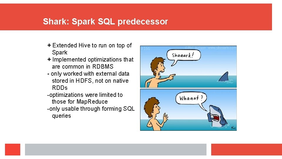 Shark: Spark SQL predecessor + Extended Hive to run on top of Spark + Shark: Spark SQL predecessor + Extended Hive to run on top of Spark +