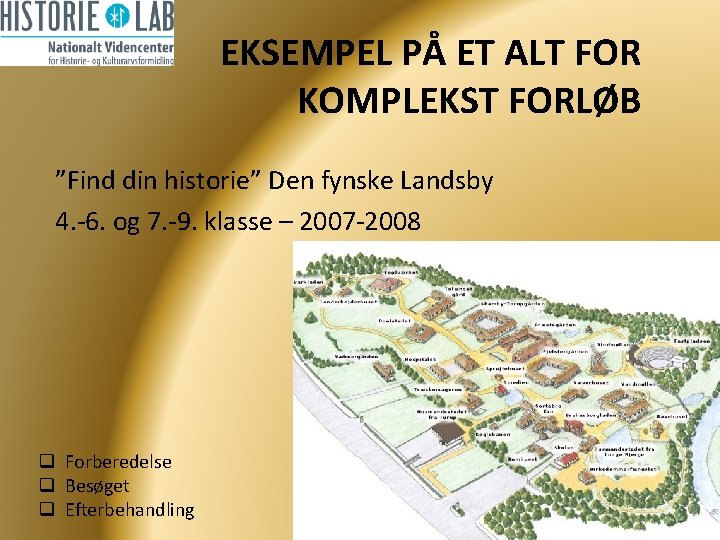 EKSEMPEL PÅ ET ALT FOR KOMPLEKST FORLØB ”Find din historie” Den fynske Landsby 4.