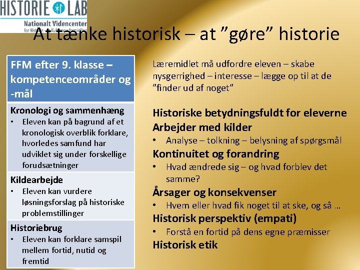 At tænke historisk – at ”gøre” historie FFM efter 9. klasse – kompetenceområder og