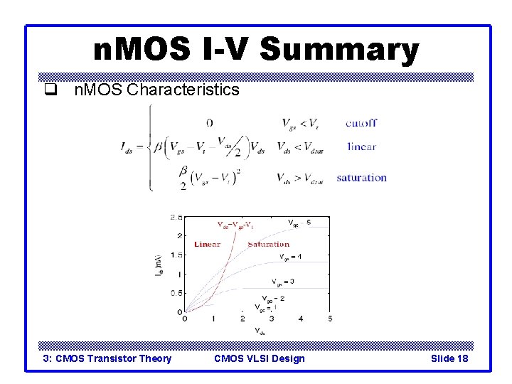 n. MOS I-V Summary q n. MOS Characteristics 3: CMOS Transistor Theory CMOS VLSI