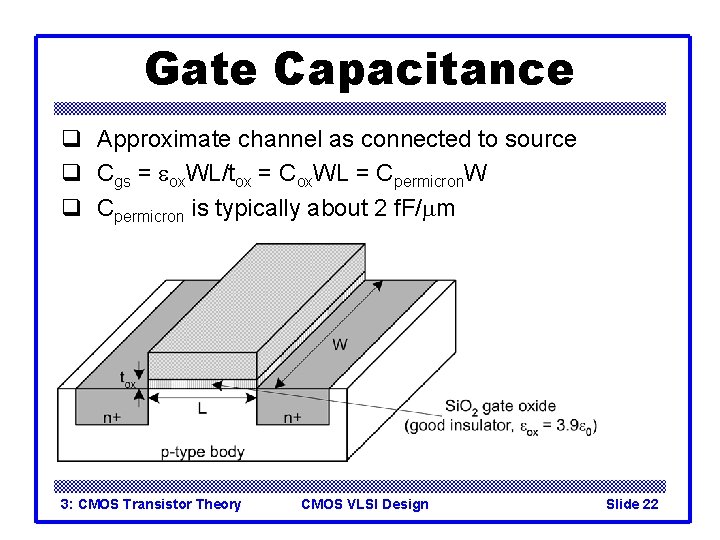 Gate Capacitance q Approximate channel as connected to source q Cgs = eox. WL/tox