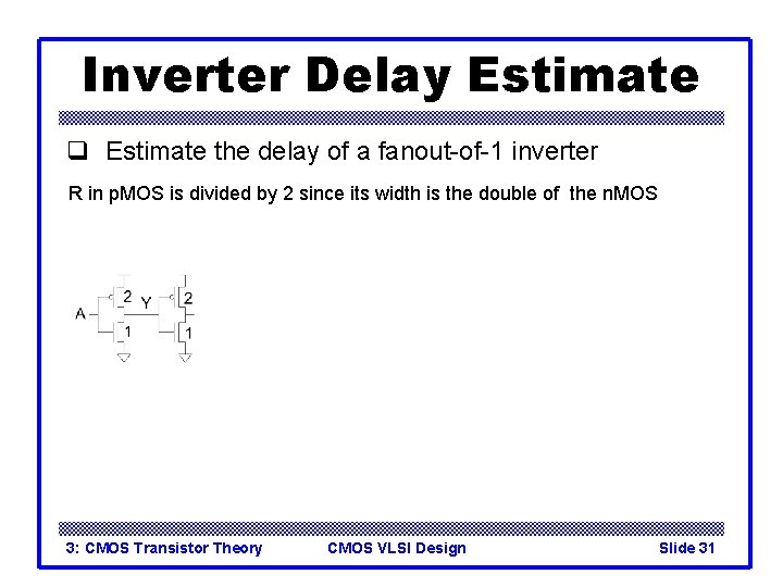 Inverter Delay Estimate q Estimate the delay of a fanout-of-1 inverter R in p.