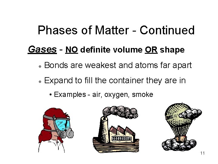 Phases of Matter - Continued Gases - NO definite volume OR shape l Bonds