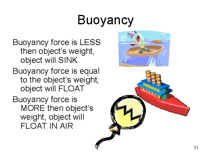 Buoyancy force is LESS then object’s weight, object will SINK Buoyancy force is equal