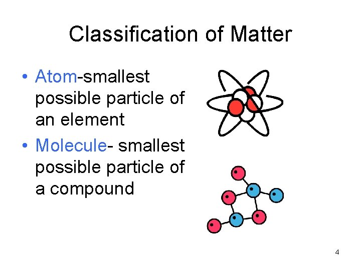 Classification of Matter • Atom-smallest possible particle of an element • Molecule- smallest possible