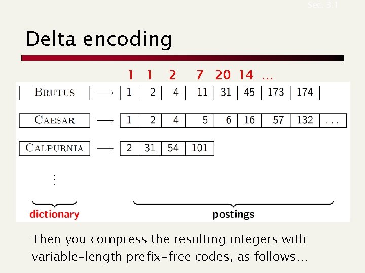 Sec. 3. 1 Delta encoding 1 1 2 7 20 14 … Then you