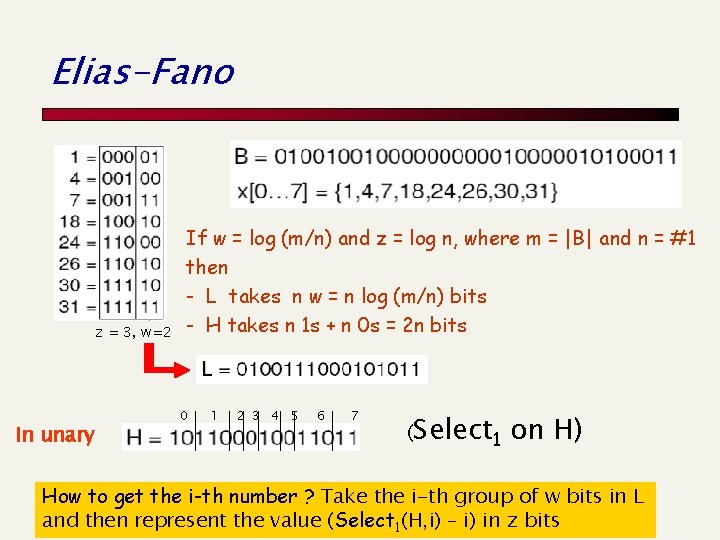 Elias-Fano z = 3, w=2 In unary If w = log (m/n) and z