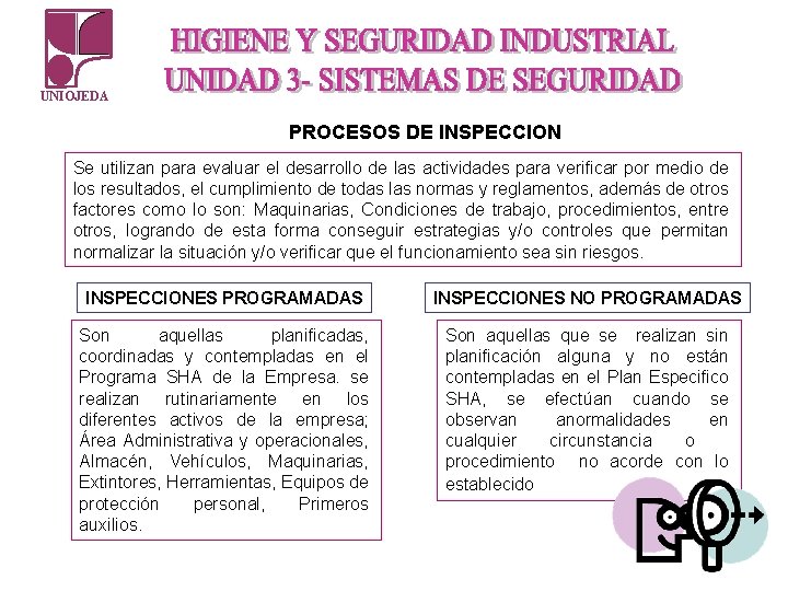 UNIOJEDA PROCESOS DE INSPECCION Se utilizan para evaluar el desarrollo de las actividades para