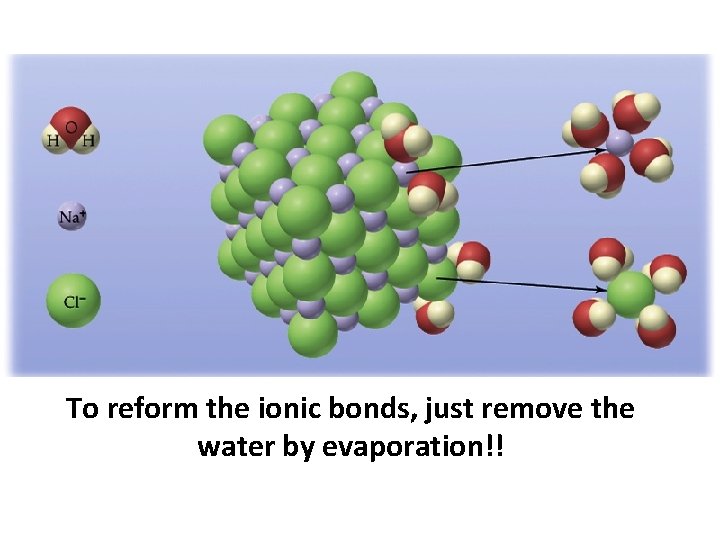 To reform the ionic bonds, just remove the water by evaporation!! 