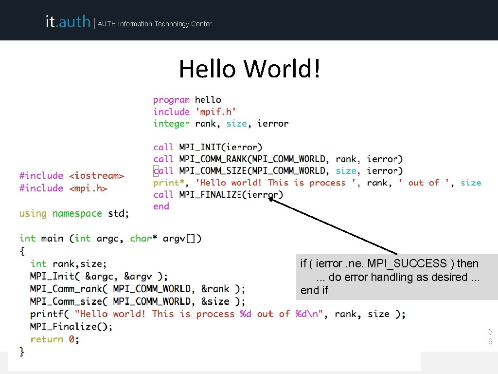 it. auth | AUTH Information Technology Center Hello World! if ( ierror. ne. MPI_SUCCESS