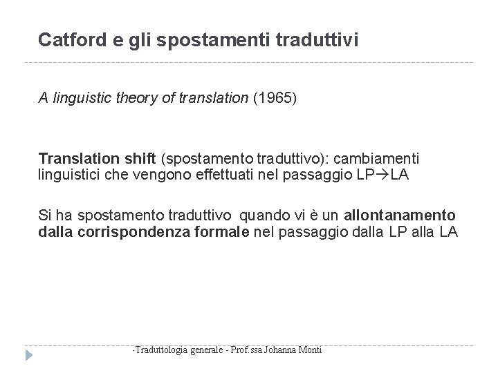 Catford e gli spostamenti traduttivi A linguistic theory of translation (1965) Translation shift (spostamento