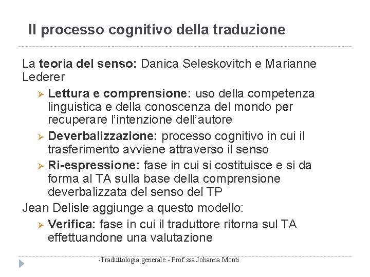 Il processo cognitivo della traduzione La teoria del senso: Danica Seleskovitch e Marianne Lederer