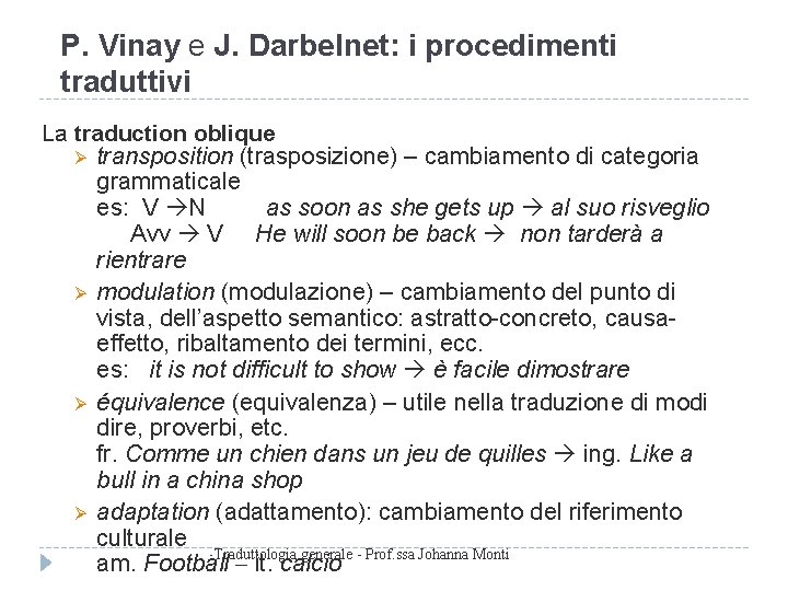 P. Vinay e J. Darbelnet: i procedimenti traduttivi La traduction oblique transposition (trasposizione) –