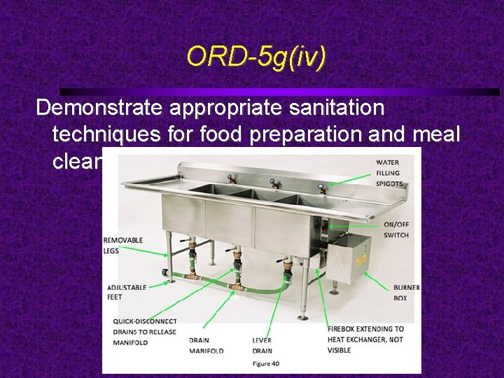 ORD-5 g(iv) Demonstrate appropriate sanitation techniques for food preparation and meal cleanup 