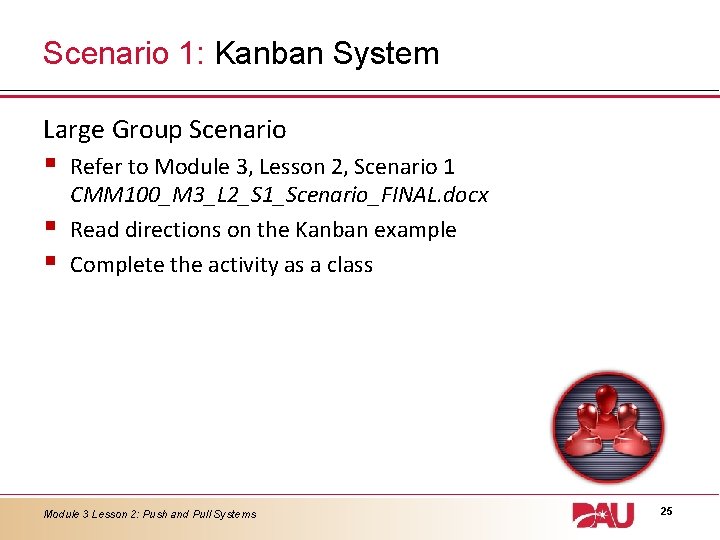 Scenario 1: Kanban System Large Group Scenario § § § Refer to Module 3, Scenario 1: Kanban System Large Group Scenario § § § Refer to Module 3,