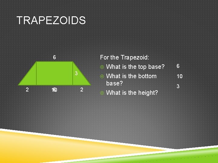 TRAPEZOIDS For the Trapezoid: 6 3 2 6 10 2 What is the top