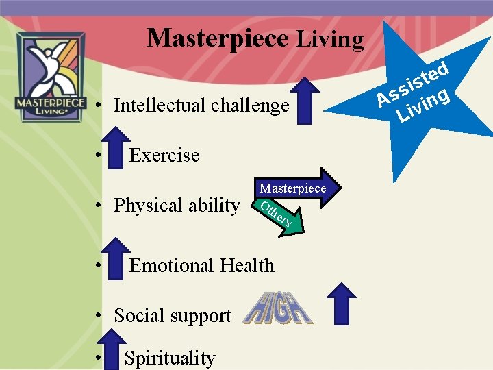 Masterpiece Living • Intellectual challenge • Exercise • Physical ability • Emotional Health •