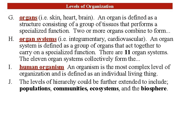 Levels of Organization G. organs (i. e. skin, heart, brain). An organ is defined
