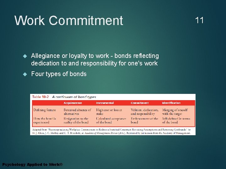 Work Commitment Allegiance or loyalty to work - bonds reflecting dedication to and responsibility