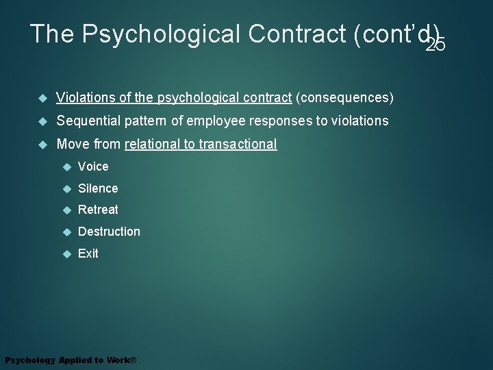 The Psychological Contract (cont’d) 25 Violations of the psychological contract (consequences) Sequential pattern of