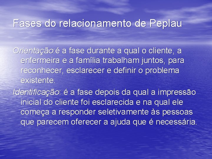 Fases do relacionamento de Peplau Orientação: é a fase durante a qual o cliente,