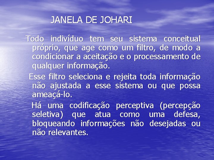 JANELA DE JOHARI Todo indivíduo tem seu sistema conceitual próprio, que age como um