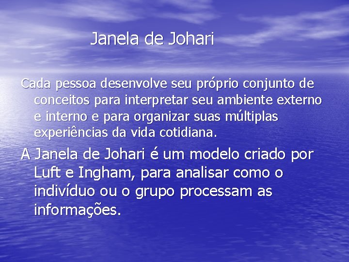 Janela de Johari Cada pessoa desenvolve seu próprio conjunto de conceitos para interpretar seu