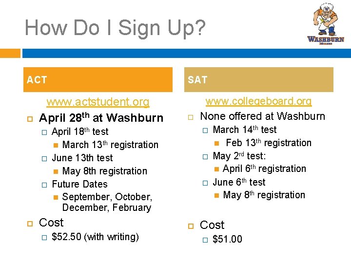 How Do I Sign Up? ACT www. actstudent. org April 28 th at Washburn