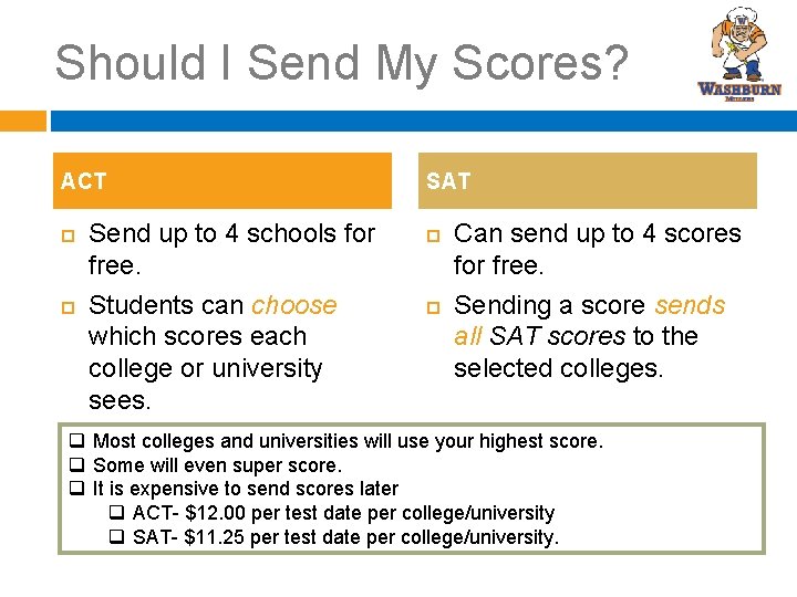 Should I Send My Scores? ACT Send up to 4 schools for free. Students