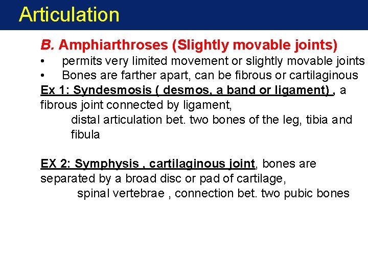 Articulation B. Amphiarthroses (Slightly movable joints) • permits very limited movement or slightly movable Articulation B. Amphiarthroses (Slightly movable joints) • permits very limited movement or slightly movable