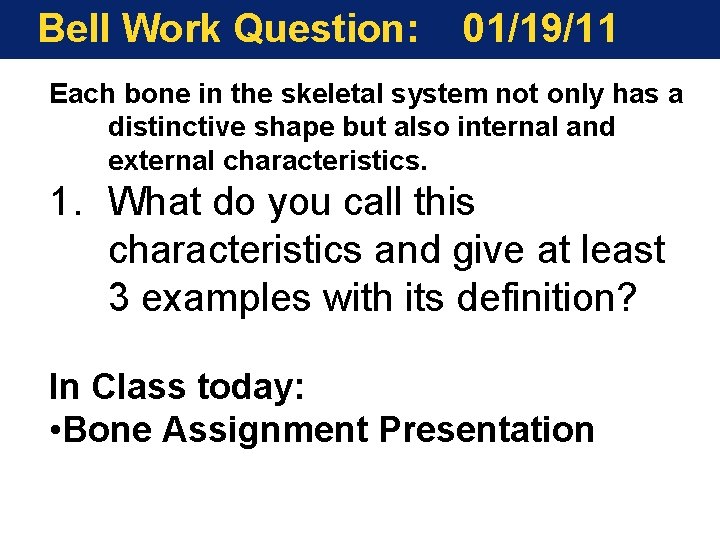 Bell Work Question: 01/19/11 Each bone in the skeletal system not only has a Bell Work Question: 01/19/11 Each bone in the skeletal system not only has a