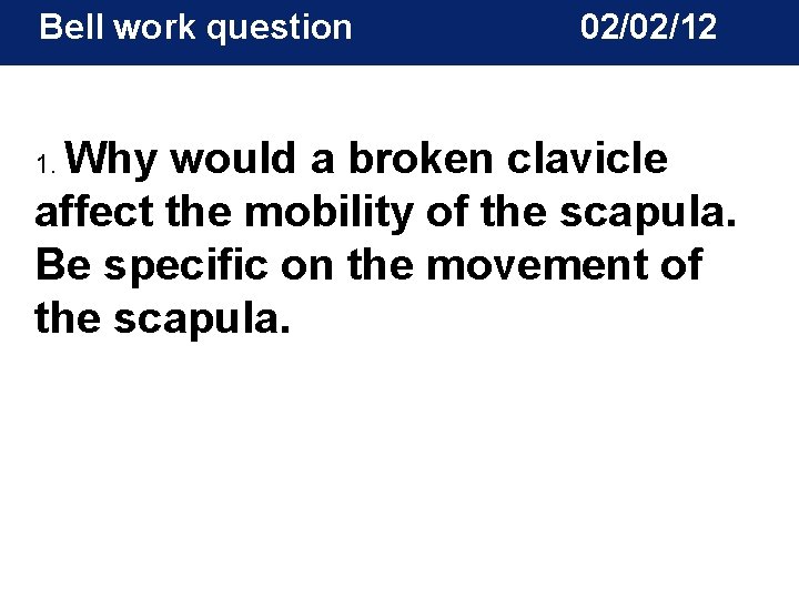 Bell work question 02/02/12 Why would a broken clavicle affect the mobility of the Bell work question 02/02/12 Why would a broken clavicle affect the mobility of the