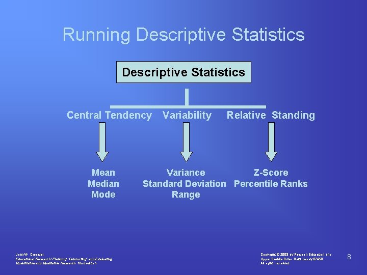 Running Descriptive Statistics Central Tendency Mean Median Mode John W. Creswell Educational Research: Planning,
