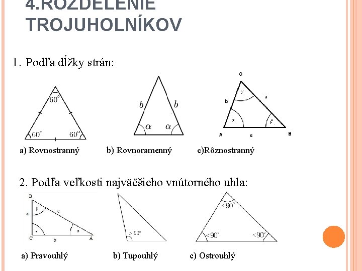 4. ROZDELENIE TROJUHOLNÍKOV 1. Podľa dĺžky strán: a) Rovnostranný b) Rovnoramenný c)Rôznostranný 2. Podľa